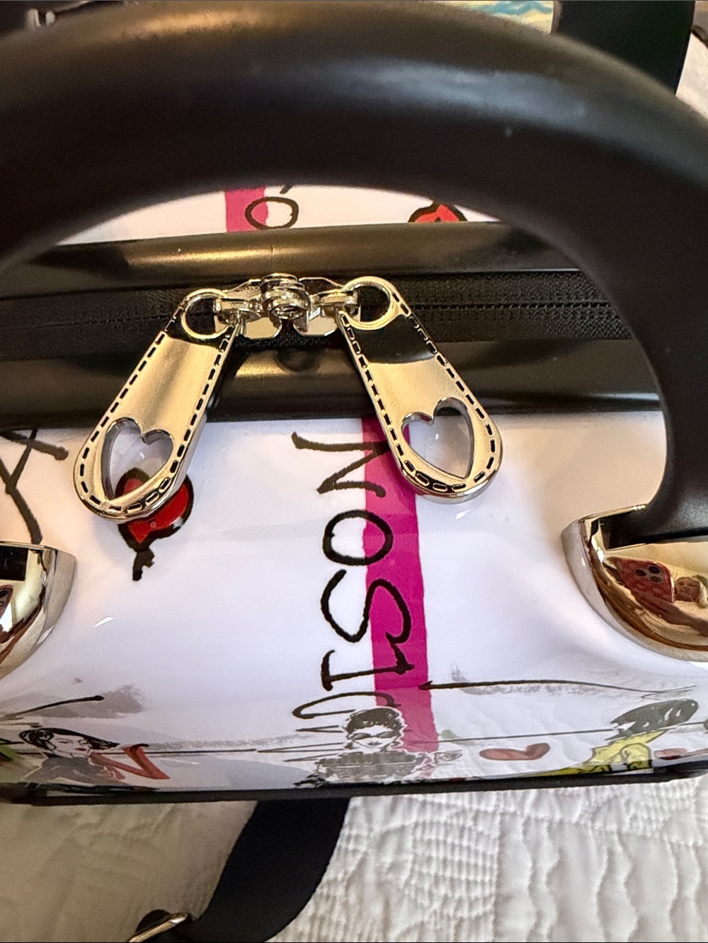 Brighton Mini Illustrated Dome Satchel in White Multi with Black Handle - Picture 10 of 11